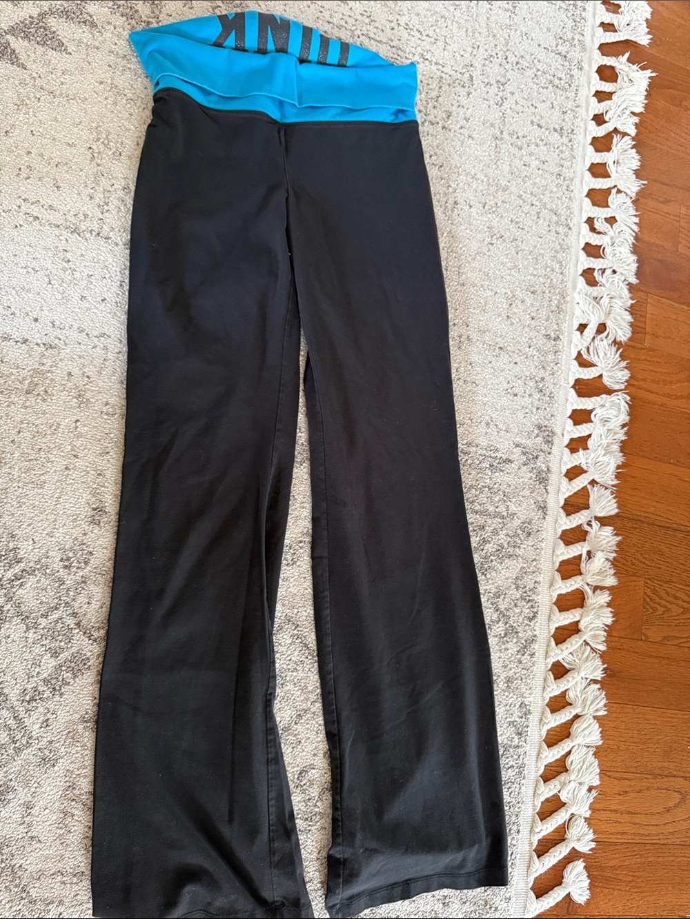 PINK Victoria's Secret Black Leggings with Turquoise Fold-Over Waistband